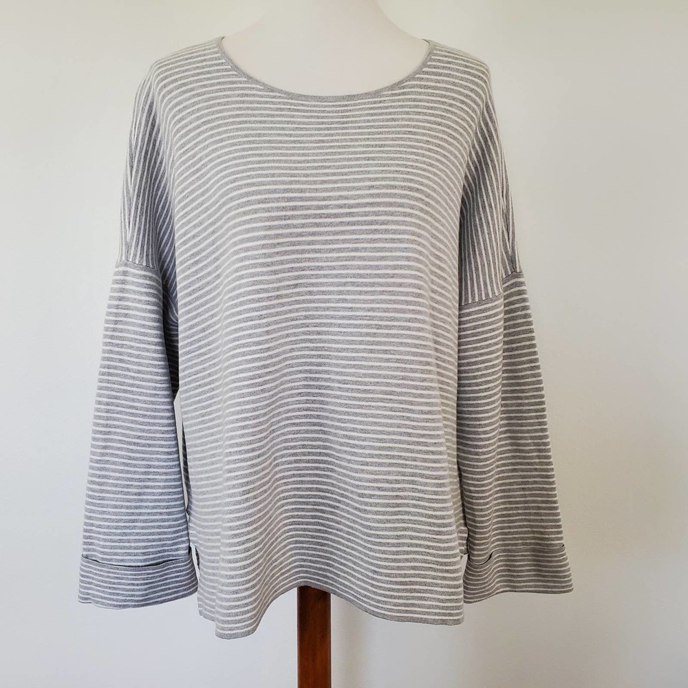 Eileen Fisher Striped Pullover Sweater Womens XL Gray White Thick Long Sleeve